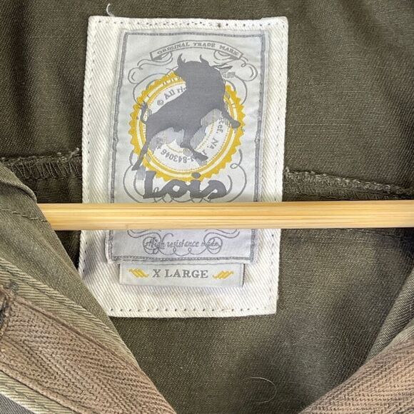 Lois Olive Green Gray Hooded Button Front Cotton Military Jean Jacket Size XL - Picture 2 of 10